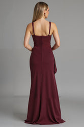 Dunkelrotes Etui Abendkleid aus Satin mit Schlitz und Spaghettiträgern